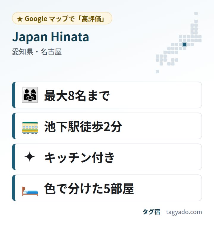 Japan Hinataの特徴:最大8名まで・池下駅徒歩2分・キッチン付き・色で分けた5部屋