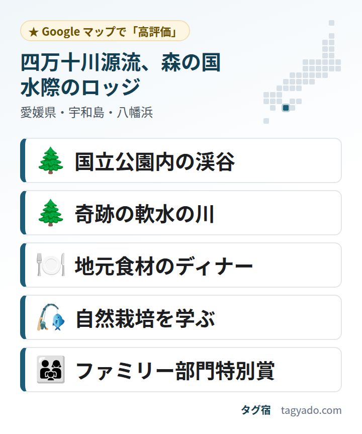 四万十川源流、森の国 水際のロッジの特徴:国立公園内の渓谷・奇跡の軟水の川・地元食材のディナー・自然栽培を学ぶ・ファミリー部門特別賞