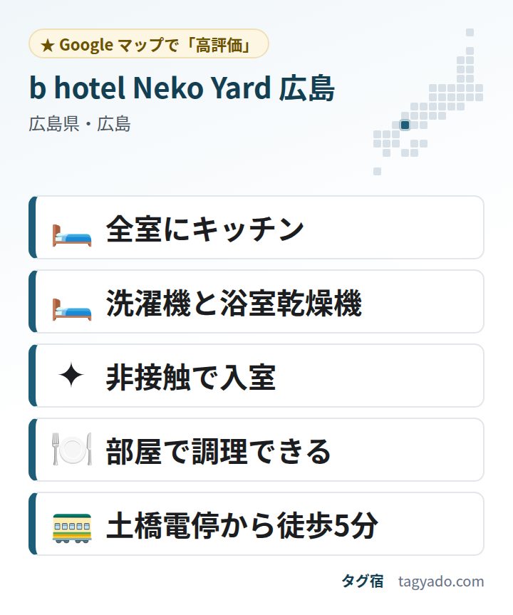 b hotel Neko Yard 広島の特徴:全室にキッチン・洗濯機と浴室乾燥機・非接触で入室・部屋で調理できる・土橋電停から徒歩5分