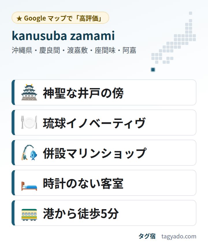 kanusuba zamamiの特徴:神聖な井戸の傍・琉球イノベーティヴ・併設マリンショップ・時計のない客室・港から徒歩5分