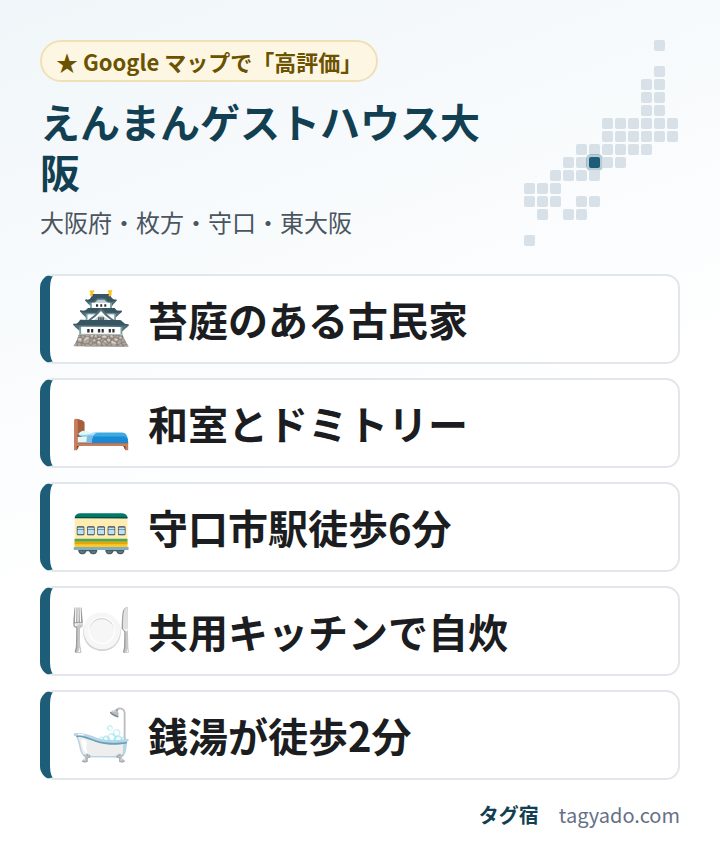 えんまんゲストハウス大阪の特徴:苔庭のある古民家・和室とドミトリー・守口市駅徒歩6分・共用キッチンで自炊・銭湯が徒歩2分